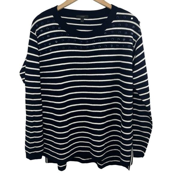 J. Crew Women’s Sweater Large Navy Blue Embellished Merino Wool Beaded Preppy - Picture 1 of 10